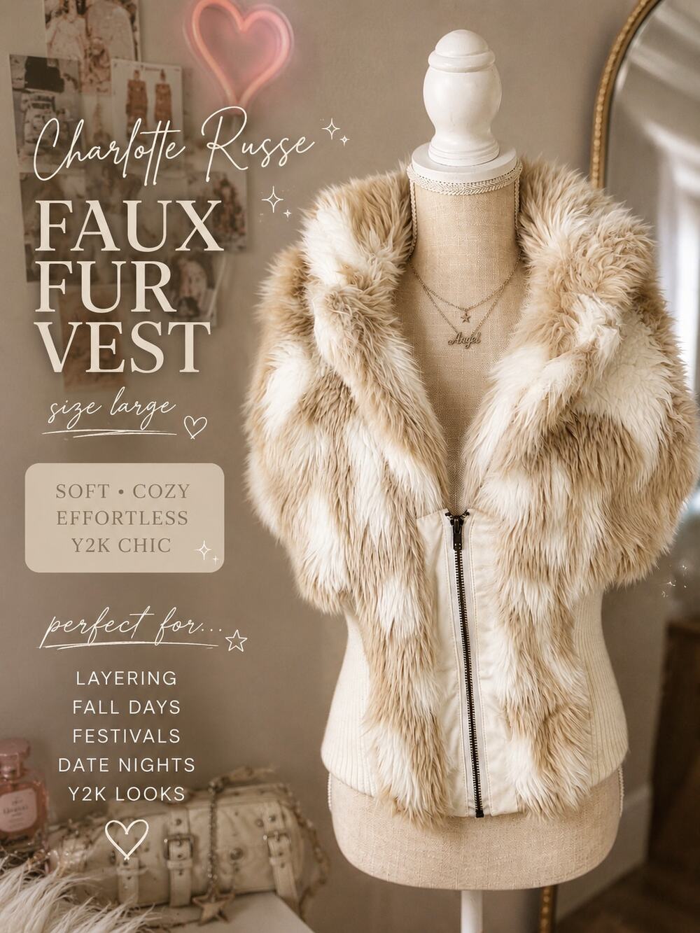Vintage Charlotte Russe Y2K Faux Fur Vest Large Cream Zip Front Glam Snow Bunny